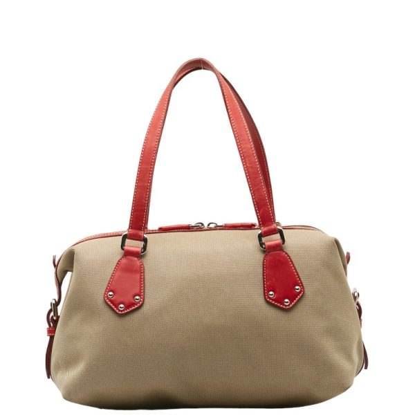 1 0141970 3 Prada Logo Jacquard Handbag Khaki Beige Red Canvas Leather