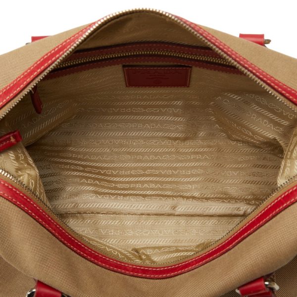 1 0141970 6 Prada Logo Jacquard Handbag Khaki Beige Red Canvas Leather