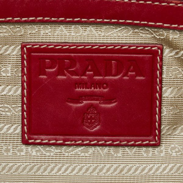 1 0141970 8 Prada Logo Jacquard Handbag Khaki Beige Red Canvas Leather