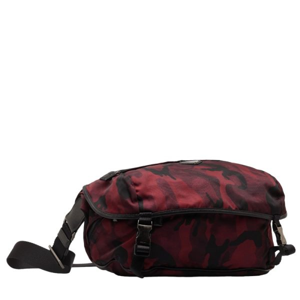 1 0142703 2 Prada Camouflage Triangle Logo Plate Crossbody Shoulder Bag Red Black Nylon