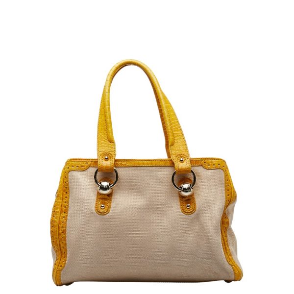 1 0143340 1 Celine Croco Embossed Handbag Tote Bag Beige Yellow Canvas Leather