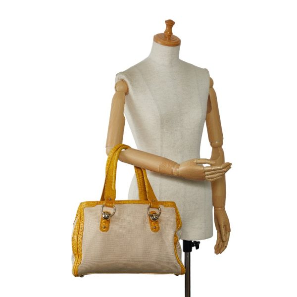 1 0143340 13 Celine Croco Embossed Handbag Tote Bag Beige Yellow Canvas Leather