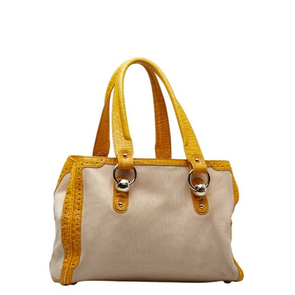 1 0143340 2 Celine Croco Embossed Handbag Tote Bag Beige Yellow Canvas Leather