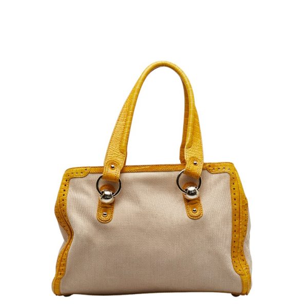 1 0143340 3 Celine Croco Embossed Handbag Tote Bag Beige Yellow Canvas Leather