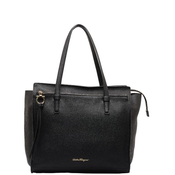 1 0143352 1 Salvatore Ferragamo Gancini Tote Bag GG 21F215 Black Leather