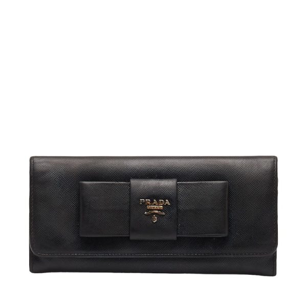 1 0143531 1 Prada SAFFIANO FIOCCO Ribbon Long Wallet Black Leather