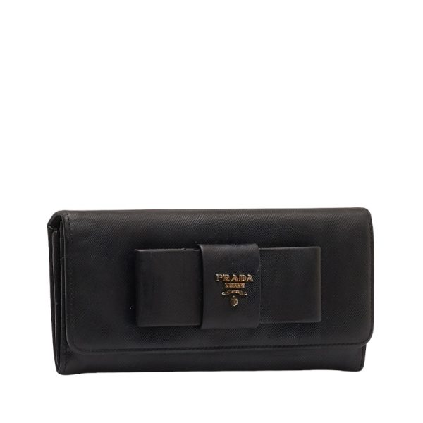 1 0143531 2 Prada SAFFIANO FIOCCO Ribbon Long Wallet Black Leather