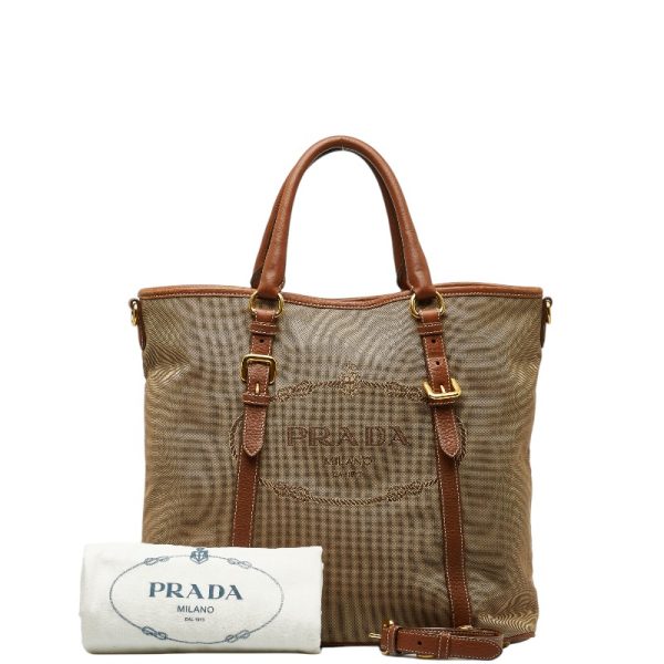 1 0143576 1 Prada Logo Jacquard Shoulder Bag Brown Leather