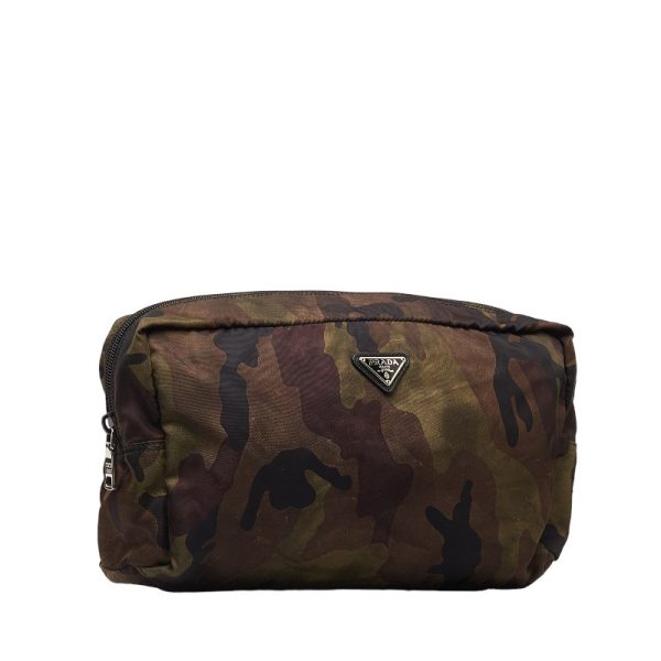 1 0144370 2 Prada Triangle Logo Plate Camouflage Pouch Khaki Multicolor Nylon