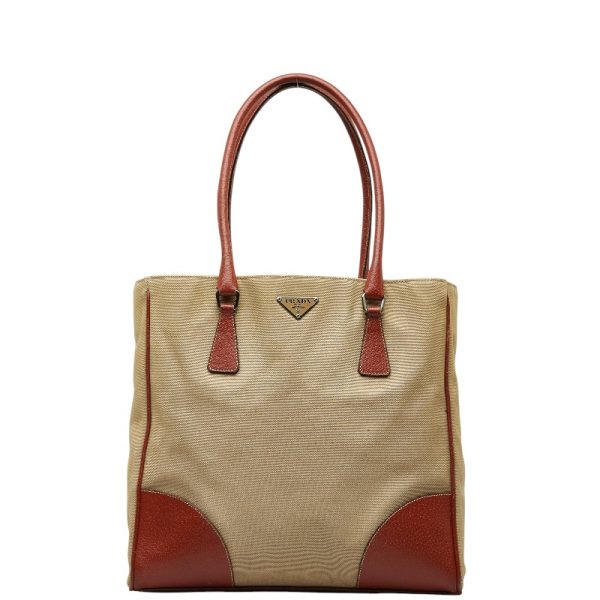 1 0145729 1 Prada Triangle Logo Plate Tote Bag Khaki Brown Canvas Leather