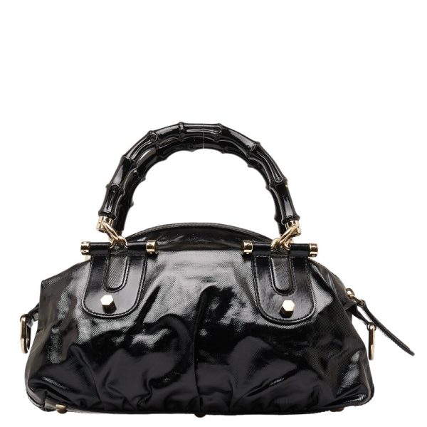 1 0146921 4 Gucci Bamboo Handbag Shoulder Bag 2way 189869 Black PVC Enamel