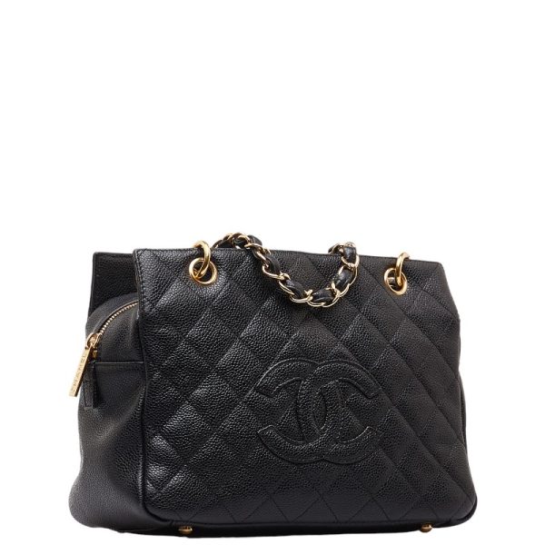 1 0147369 2 CHANEL Matelasse Coco Mark Chain Tote Bag Black Caviar Skin