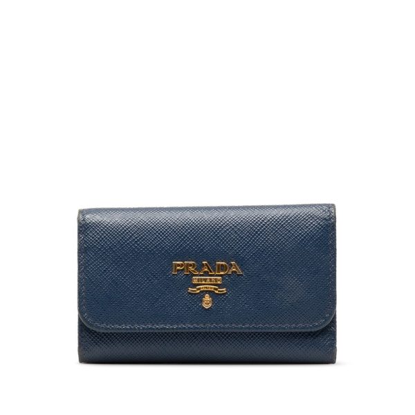 1 0149046 1 Prada Saffiano Key Case 6 Rows 1PG222 Blue Gold Leather