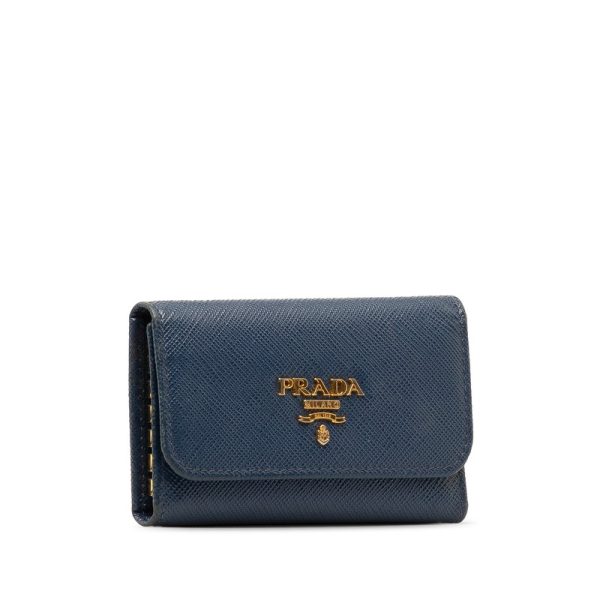 1 0149046 2 Prada Saffiano Key Case 6 Rows 1PG222 Blue Gold Leather