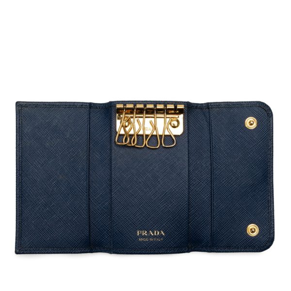 1 0149046 5 Prada Saffiano Key Case 6 Rows 1PG222 Blue Gold Leather