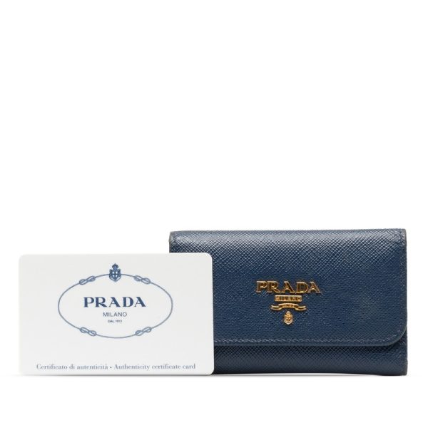 1 0149046 9 Prada Saffiano Key Case 6 Rows 1PG222 Blue Gold Leather