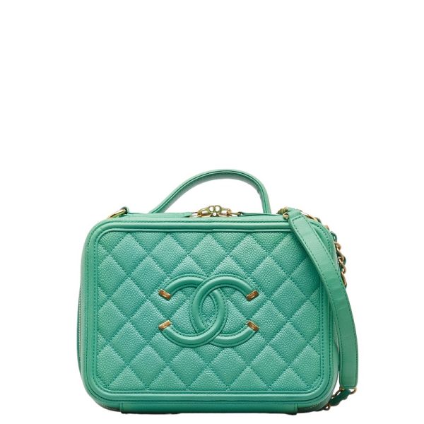 1 0149439 1 CHANEL Matelasse Cocomark Vanity Bag 2WAY Green Caviar Skin