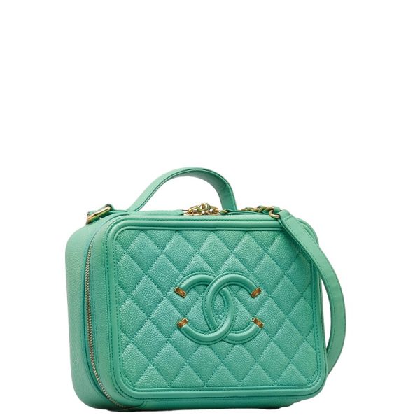 1 0149439 2 CHANEL Matelasse Cocomark Vanity Bag 2WAY Green Caviar Skin