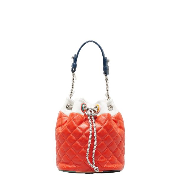 1 0149442 2 CHANEL Matelasse Bucket Shoulder Bag Orange White Multicolor