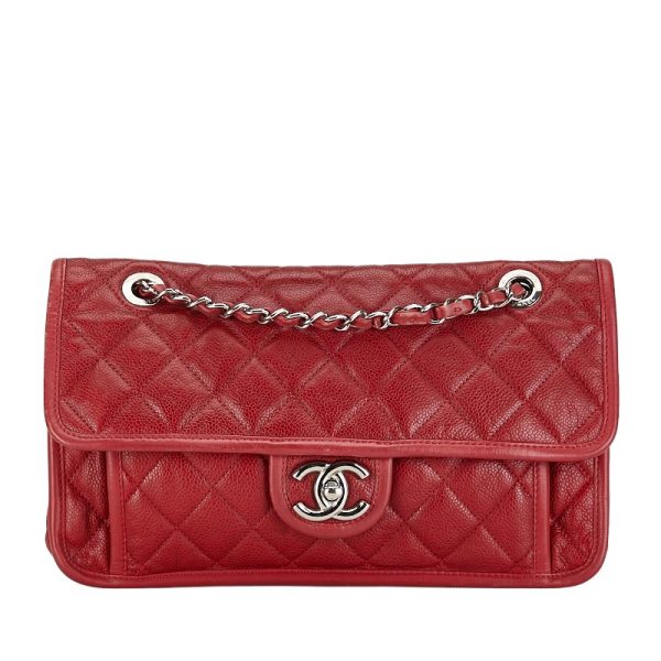 1 0149466 1 CHANEL French Riviera Matelasse Chain Shoulder Bag Red Caviar