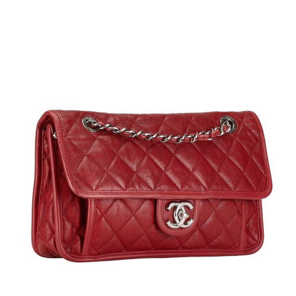 1 0149466 2 CHANEL French Riviera Matelasse Chain Shoulder Bag Red Caviar