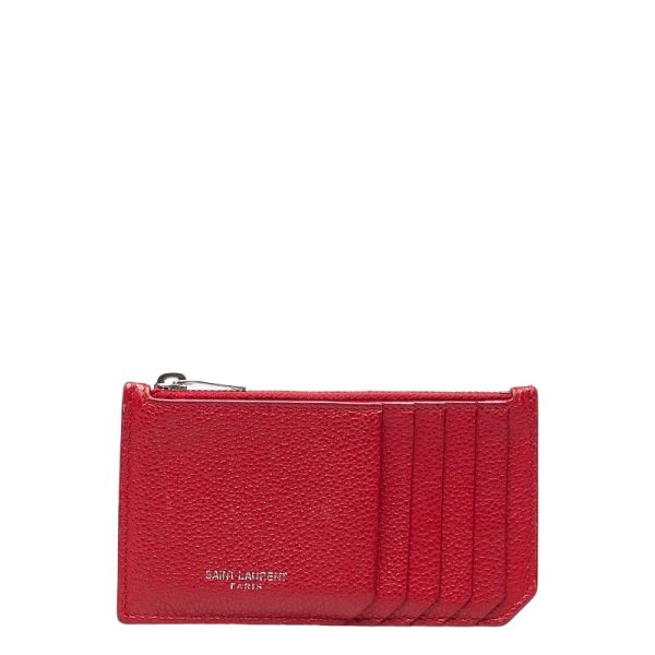 1 0150066 1 Saint Laurent Zip Pouch Case Coin Purse Red Silver Leather