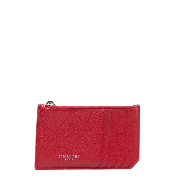 1 0150066 2 Saint Laurent Zip Pouch Case Coin Purse Red Silver Leather