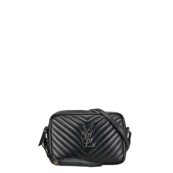 1 0150538 1 Saint Laurent YSL Logo V Stitch Lou Fringe Shoulder Bag Black