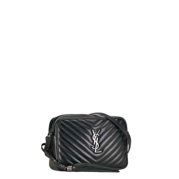 1 0150538 2 Saint Laurent YSL Logo V Stitch Lou Fringe Shoulder Bag Black