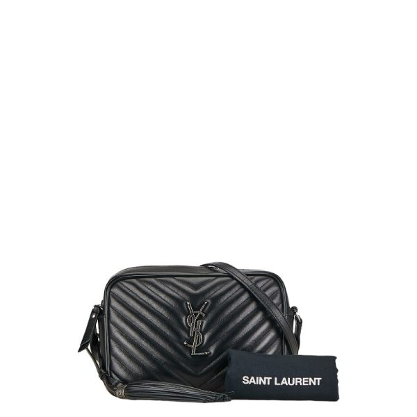 1 0150538 9 Saint Laurent YSL Logo V Stitch Lou Fringe Shoulder Bag Black