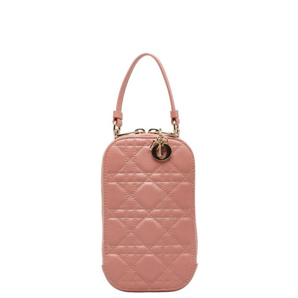 1 0150539 2 Dior Lady Phone Holder Smartphone Case Shoulder Bag Pink Lambskin