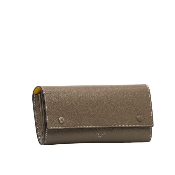 1 0150700 2 Celine Large Flap Multi Function Long Wallet Greige Yellow Leather