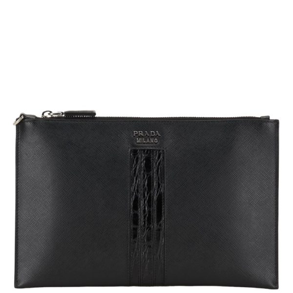 1 0151583 1 Prada Saffiano Clutch Bag 2NG005 Black Leather