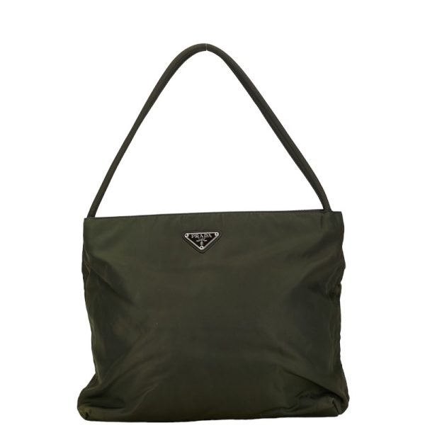 1 0151799 1 Prada Triangle Logo Plate Handbag Tote Bag Green Nylon