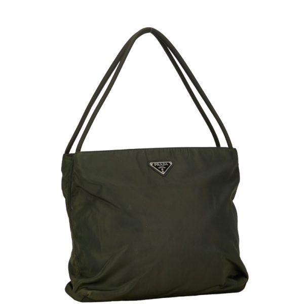 1 0151799 2 Prada Triangle Logo Plate Handbag Tote Bag Green Nylon