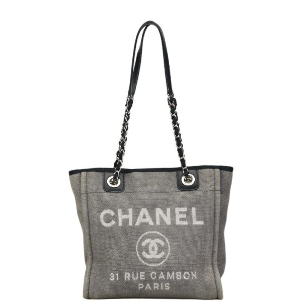 1 0151829 1 CHANEL Cocomark Logo Deauville PM Chain Tote Bag Gray Canvas Leather