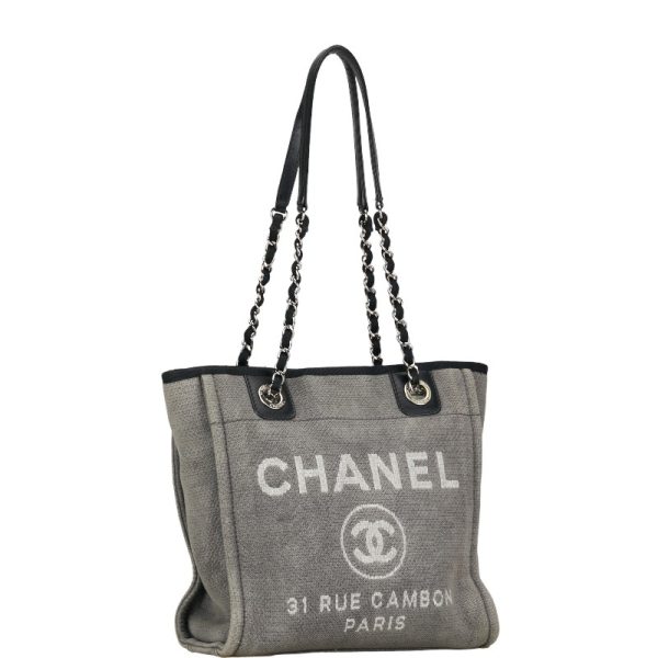 1 0151829 2 CHANEL Cocomark Logo Deauville PM Chain Tote Bag Gray Canvas Leather