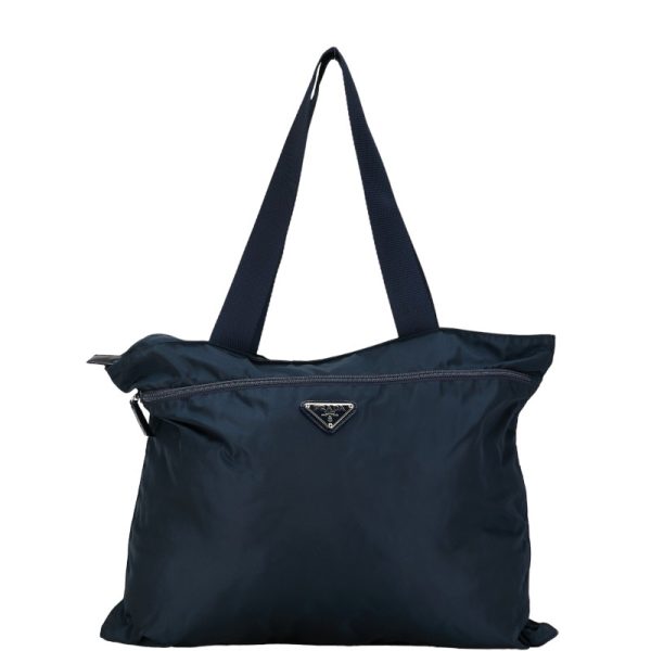 1 0151832 1 Prada Triangle Logo Plate Handbag Tote Bag Navy Nylon Leather