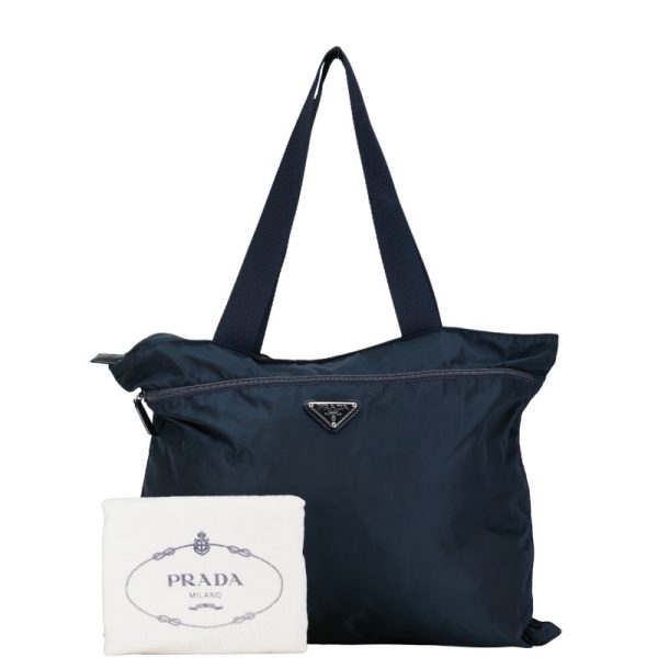 1 0151832 9 Prada Triangle Logo Plate Handbag Tote Bag Navy Nylon Leather