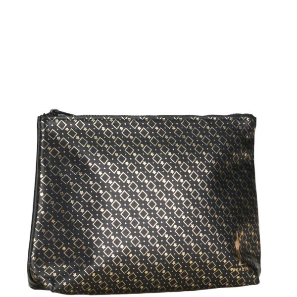 1 0151847 2 Saint Laurent Logo Star All Over Pattern Pouch Black Gold Leather