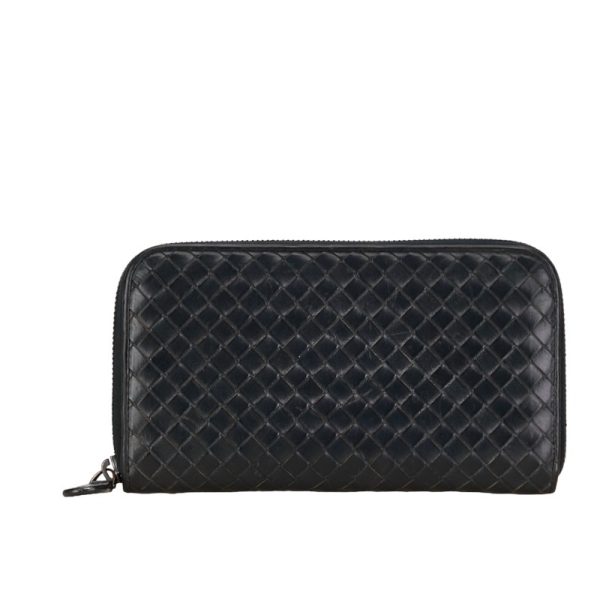 1 0152702 1 Bottega Veneta Intrecciato Round Zipper Long Wallet Black Leather