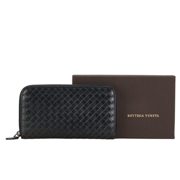 1 0152702 11 Bottega Veneta Intrecciato Round Zipper Long Wallet Black Leather