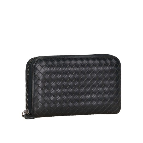 1 0152702 2 Bottega Veneta Intrecciato Round Zipper Long Wallet Black Leather