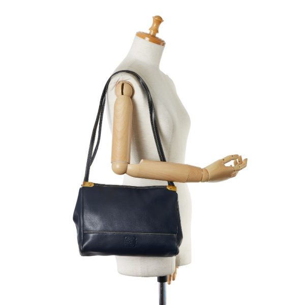 1 0153044 10 LOEWE Anagram Logo Shoulder Bag Navy Leather