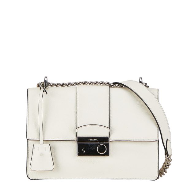 1 0153381 1 Prada Saffiano Slide Lock Chain Shoulder Bag White