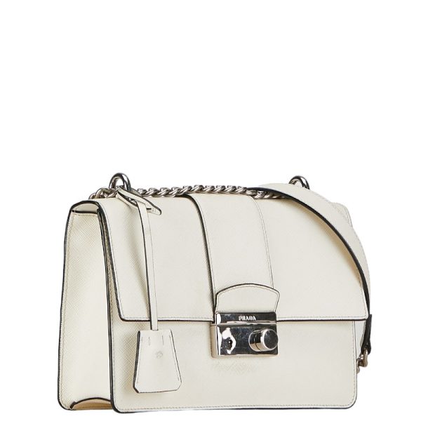 1 0153381 2 Prada Saffiano Slide Lock Chain Shoulder Bag White