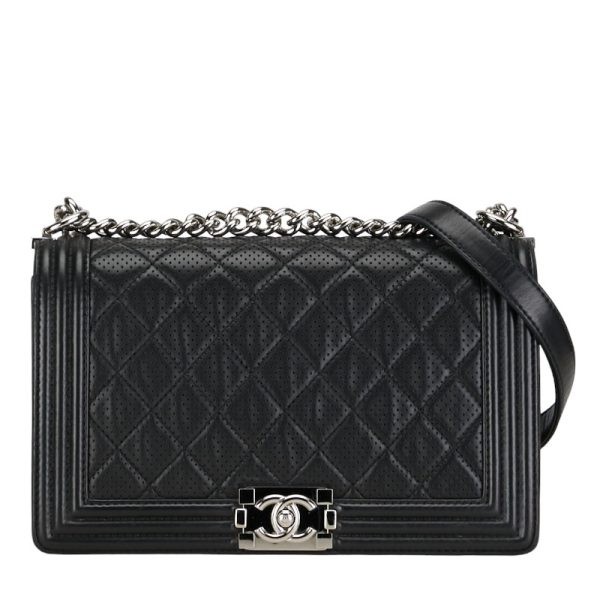 1 0153560 1 Chanel Matelasse 28 Cocomark Boy Chanel Handbag Shoulder Bag Black Silver Perforated Leather