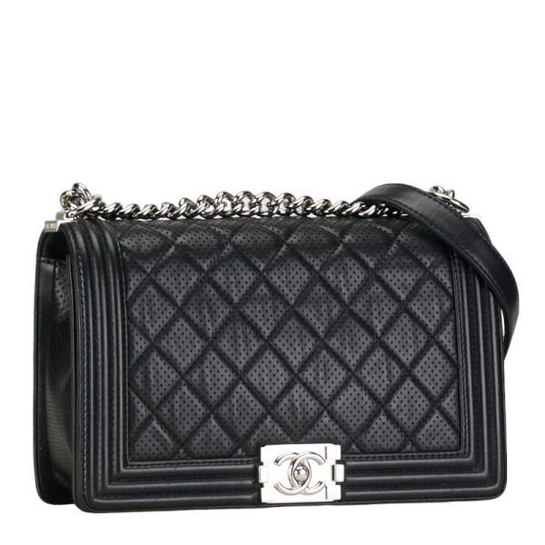 1 0153560 2 Chanel Matelasse 28 Cocomark Boy Chanel Handbag Shoulder Bag Black Silver Perforated Leather