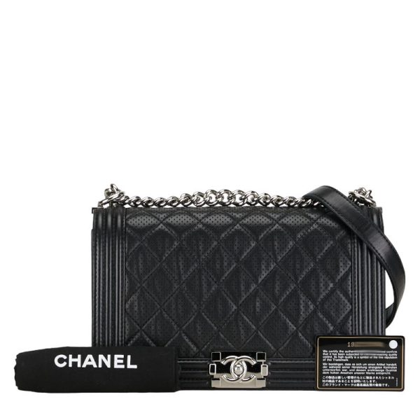 1 0153560 9 Chanel Matelasse 28 Cocomark Boy Chanel Handbag Shoulder Bag Black Silver Perforated Leather