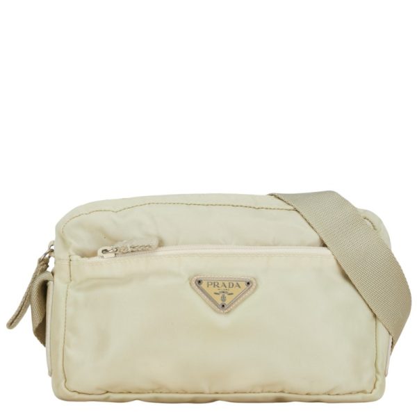 1 0153697 1 Prada Triangle Logo Plate Shoulder Bag Beige Ivory Nylon Leather